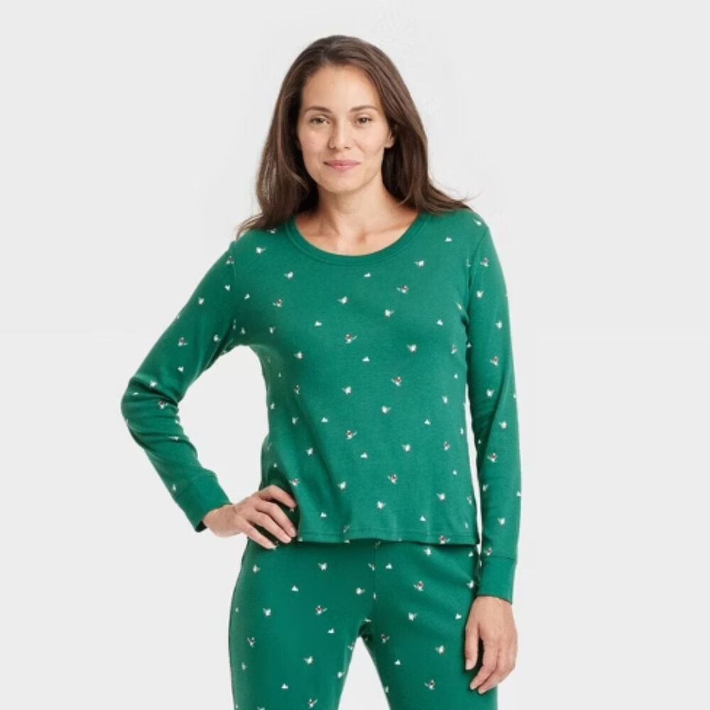 Women's Polar Bear Print Cotton Ribbed Holiday Pajama Shirt - Wondershop Green L